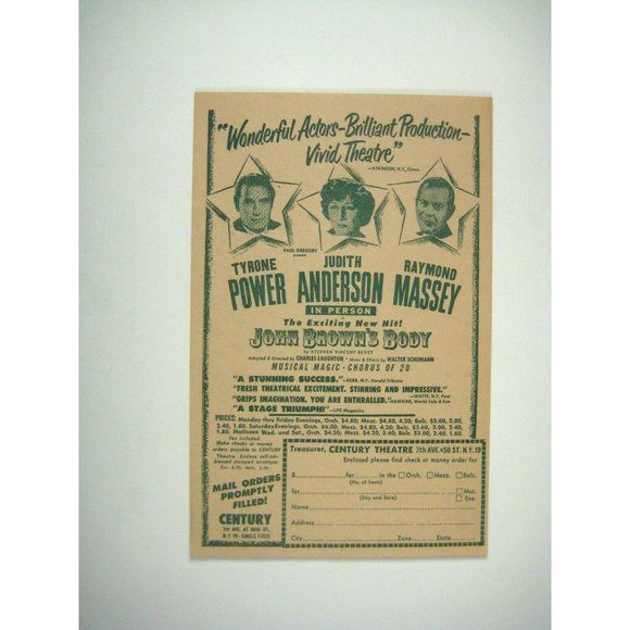 John Brown's Body FLYER 1953 Tyrone Power Judith Anderson Raymond Massey Theatre - Picture 1 of 3